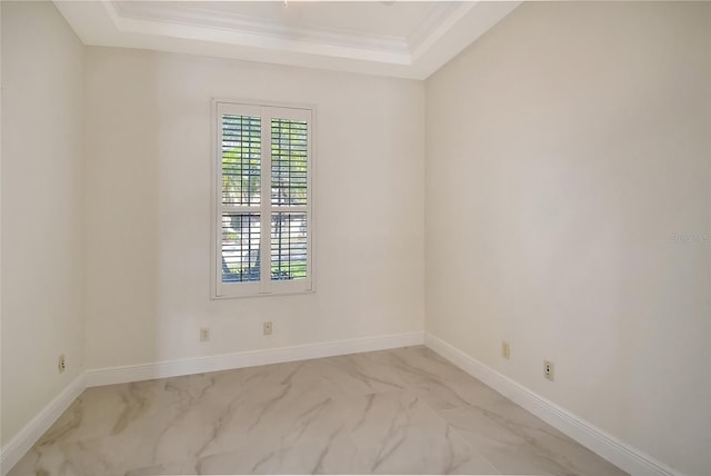 unfurnished room with ornamental molding and a raised ceiling