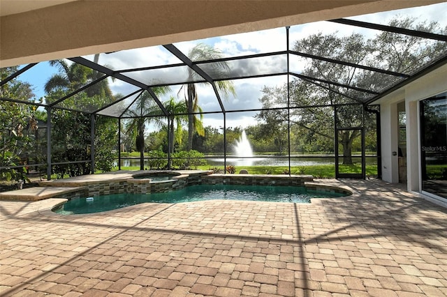 view of pool featuring a water view, a patio, and a lanai