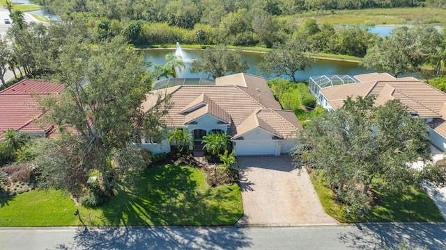 aerial view featuring a water view