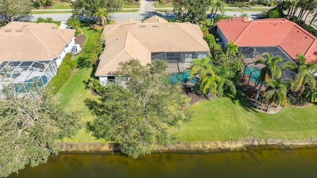 drone / aerial view with a water view