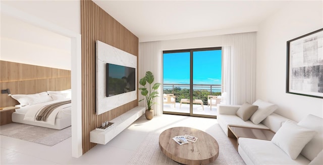 living room featuring wood walls and light tile patterned flooring