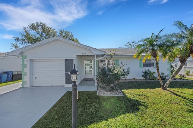 single story home featuring a garage and a front yard