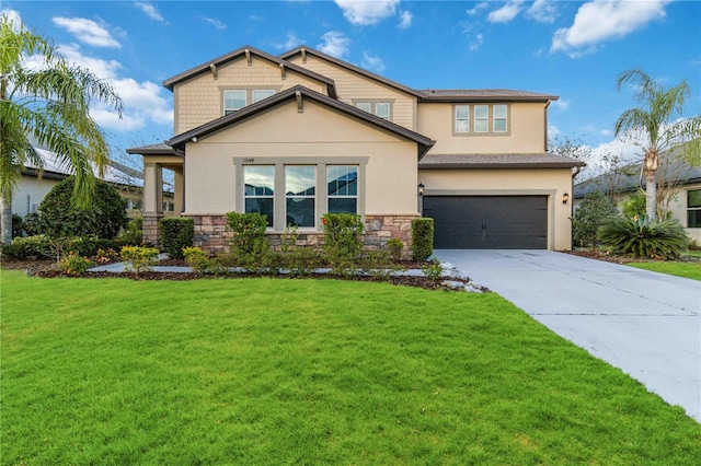 13148 Bliss Loop, Bradenton, FL 34211 - craftsman-style home featuring an attached garage, stone siding, concrete driveway, stucco siding, and a front yard