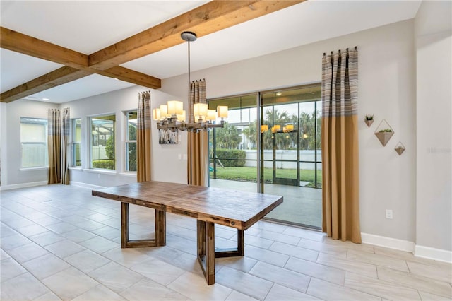 unfurnished dining area with beamed ceiling, light tile patterned floors, and an inviting chandelier