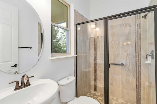 bathroom featuring sink, a shower with door, and toilet