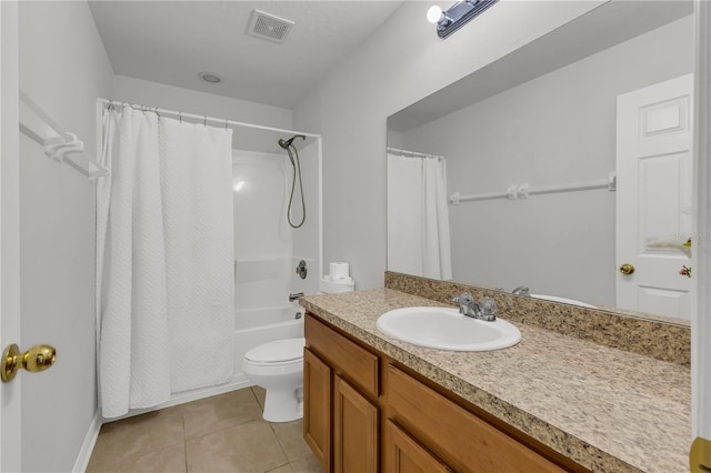 full bathroom with shower / bathtub combination with curtain, tile patterned flooring, vanity, and toilet