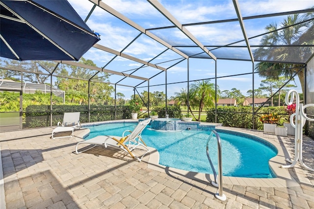 view of pool featuring a lanai, a patio area, and pool water feature