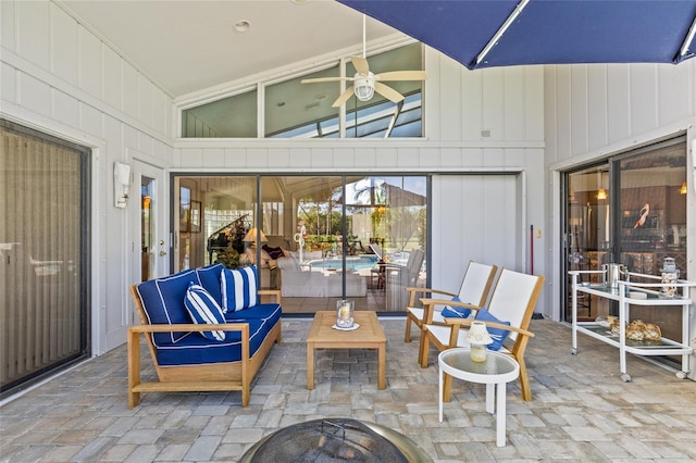 view of patio with ceiling fan and an outdoor hangout area