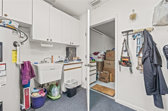 interior space with carpet flooring, electric water heater, and sink