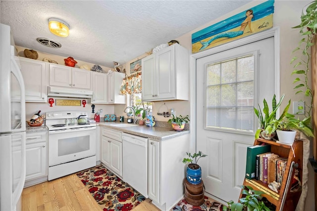 kitchen featuring white cabinets, white appliances, light hardwood / wood-style flooring, and sink