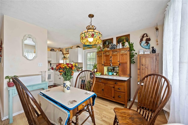 dining area with a textured ceiling and light hardwood / wood-style flooring