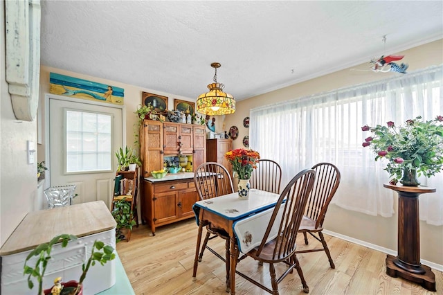 dining room featuring light hardwood / wood-style floors and a textured ceiling