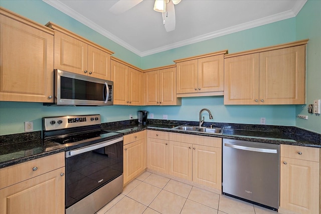 kitchen with light brown cabinetry, crown molding, sink, and appliances with stainless steel finishes