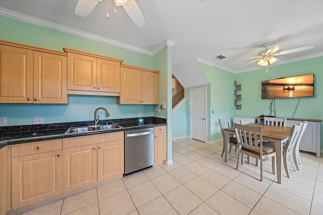 kitchen featuring dishwasher, ornamental molding, and sink