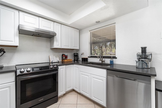 kitchen with electric range, dishwasher, white cabinetry, and sink