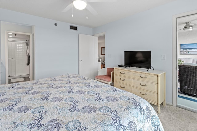 carpeted bedroom featuring ceiling fan, ensuite bathroom, and access to outside