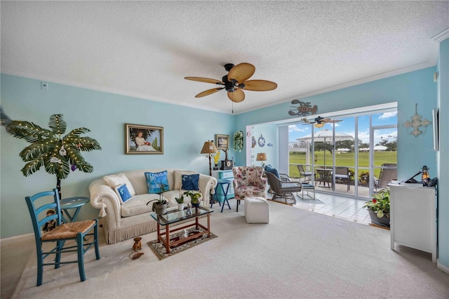 carpeted living room featuring ceiling fan, crown molding, and a textured ceiling