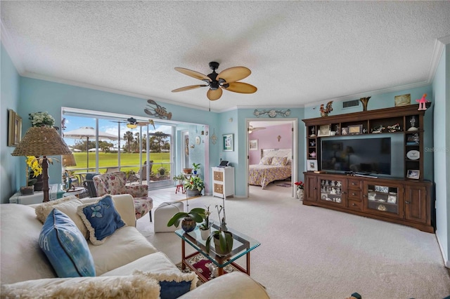 living room with a textured ceiling and light colored carpet