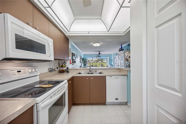 kitchen featuring ceiling fan, sink, and white appliances