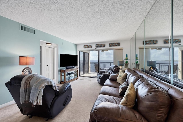 carpeted living room featuring a textured ceiling