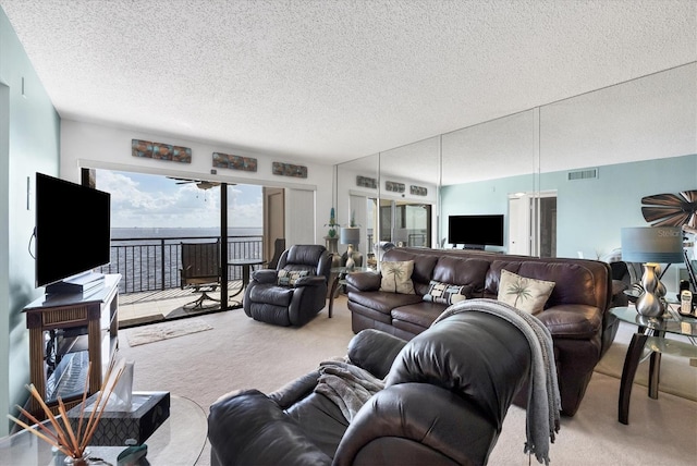 carpeted living room featuring a textured ceiling