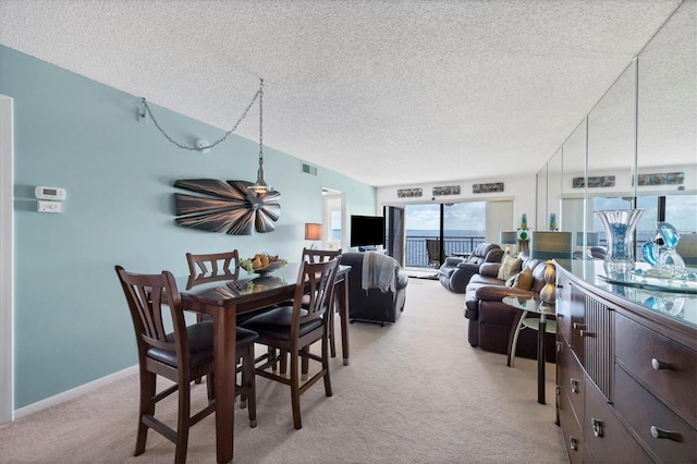 carpeted dining area with a textured ceiling