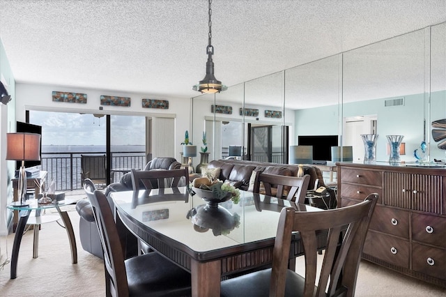 carpeted dining area featuring a textured ceiling