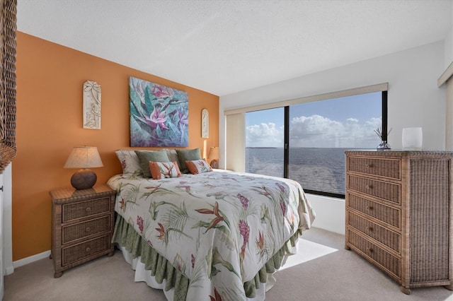 bedroom featuring a textured ceiling, a water view, and light carpet