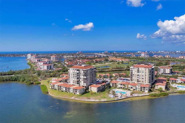 drone / aerial view featuring a water view