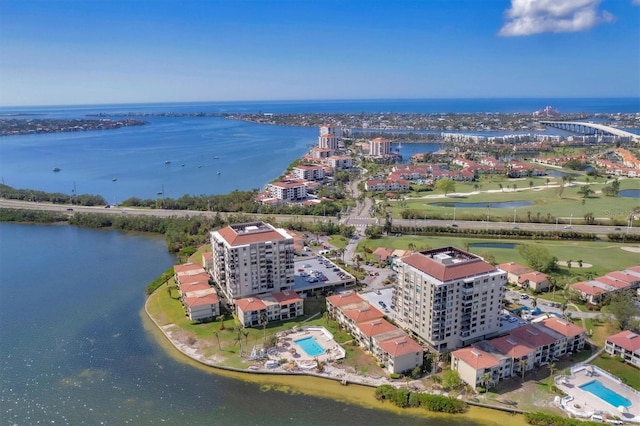 drone / aerial view featuring a water view