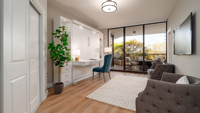 home office featuring floor to ceiling windows and light hardwood / wood-style floors