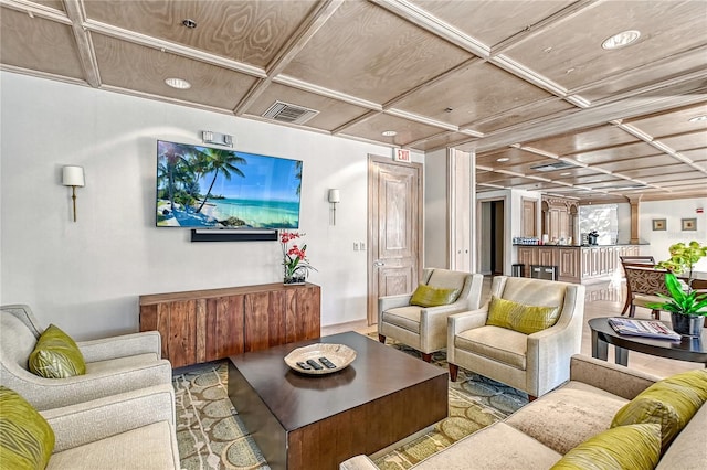 living room featuring coffered ceiling