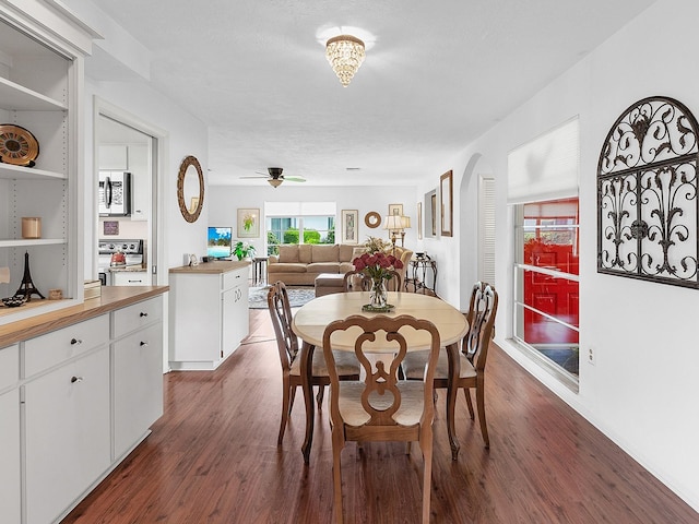 dining area featuring dark hardwood / wood-style floors, ceiling fan, and a textured ceiling