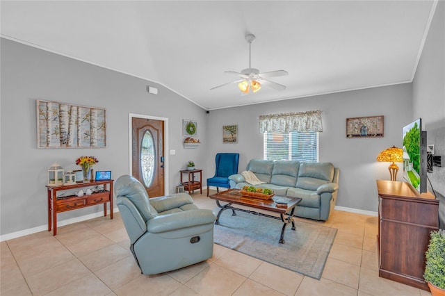 tiled living room with ceiling fan and lofted ceiling