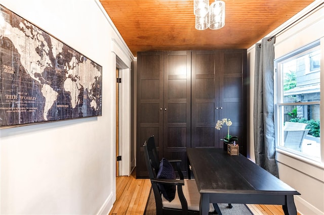 office area with light hardwood / wood-style flooring and wooden ceiling