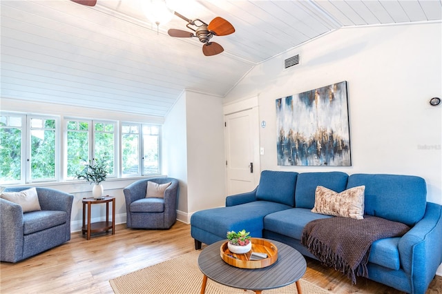 living room featuring vaulted ceiling, light hardwood / wood-style flooring, ceiling fan, and wooden ceiling