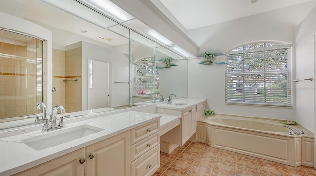 bathroom with vanity and shower with separate bathtub