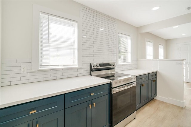 kitchen featuring light wood-type flooring, electric stove, and tasteful backsplash