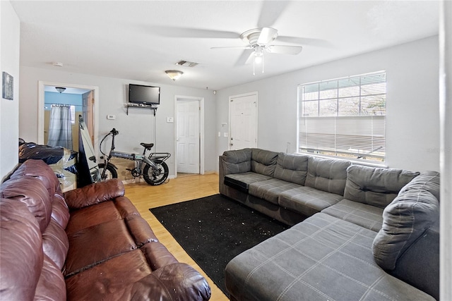 living room featuring ceiling fan and hardwood / wood-style flooring