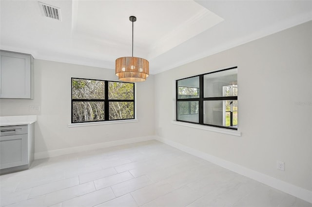 unfurnished dining area with a raised ceiling