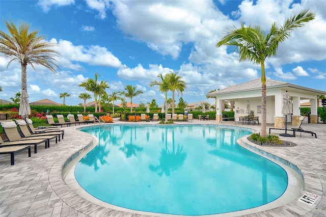 view of swimming pool with a patio area