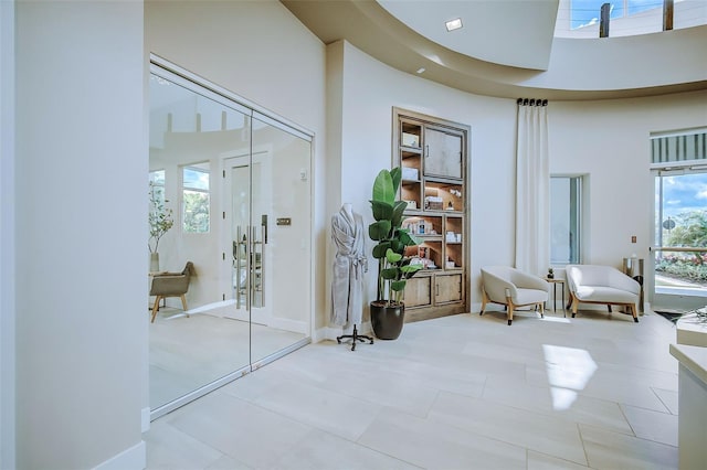 living area with a high ceiling