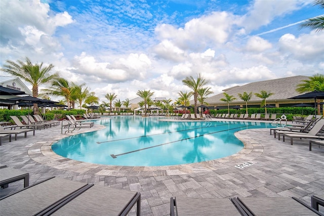 view of swimming pool featuring a patio area