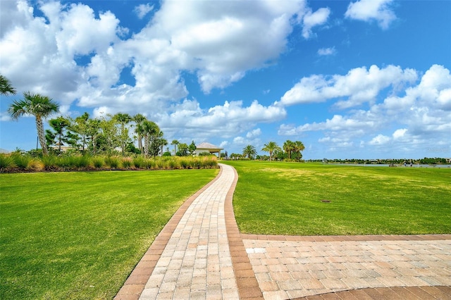 view of property's community featuring a lawn