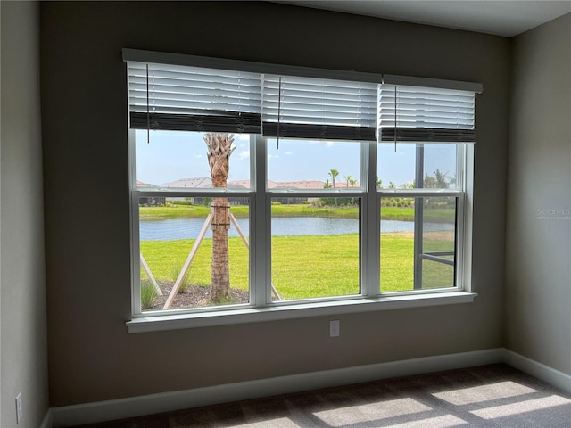 spare room with carpet floors, a water view, and a healthy amount of sunlight