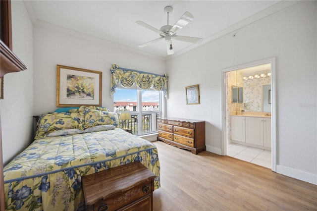 bedroom featuring light hardwood / wood-style floors, ensuite bath, ceiling fan, and ornamental molding