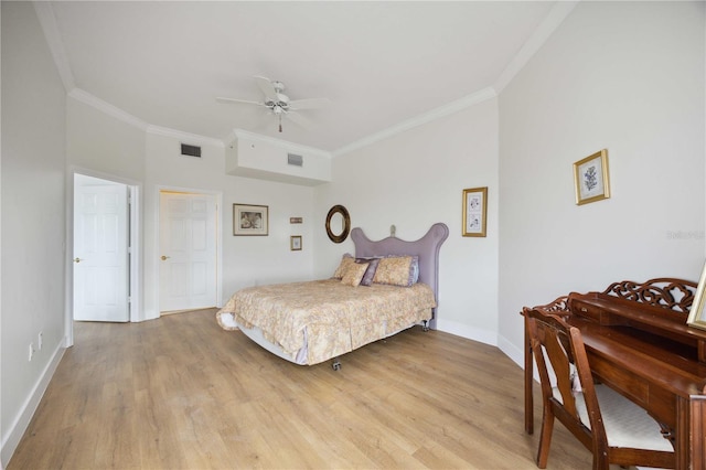 bedroom with ceiling fan, light wood-type flooring, and ornamental molding