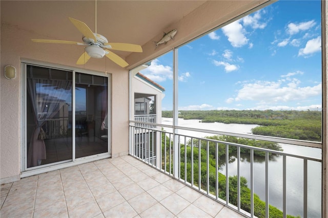 balcony featuring ceiling fan and a water view