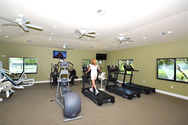 exercise room featuring carpet floors and lofted ceiling