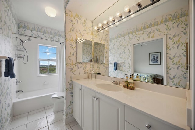 5450 Eagles Point Cir Unit 405, Sarasota, FL 34231 - bathroom with vanity, toilet, shower / bath combination with curtain, wallpapered walls, and tile patterned flooring